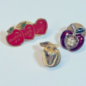 Vintage Lot of Three Apple Theme Teacher Appreciation Pins Lapel Brooch Enamel